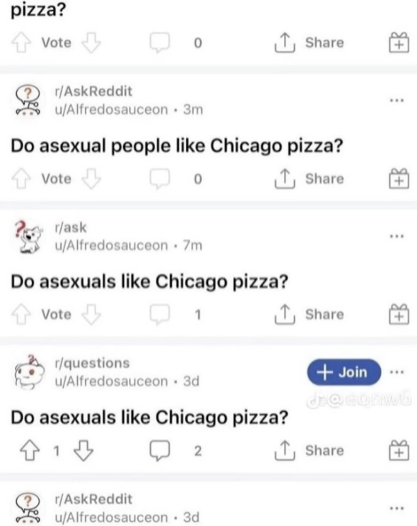 pizza? ✰ Vote 0 ↑ Share r/AskReddit u/Alfredosauceon. 3m Do asexual people like Chicago pizza? Vote 0 ↑ Share r/ask u/Alfredosauceon .7m Do asexuals like Chicago pizza? Vote r/questions 1 ↑ Share + Join d@conwb ↑ Share u/Alfredosauceon. 3d Do asexuals like Chicago pizza? 13 r/AskReddit u/Alfredosauceon 3d 2