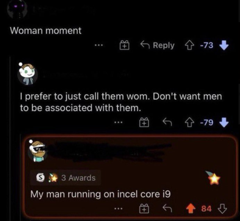 Woman moment {+ Reply -73 I prefer to just call them wom. Don't want men to be associated with them. S 3 Awards ← 쇼-79 My man running on incel core i9 ← 84