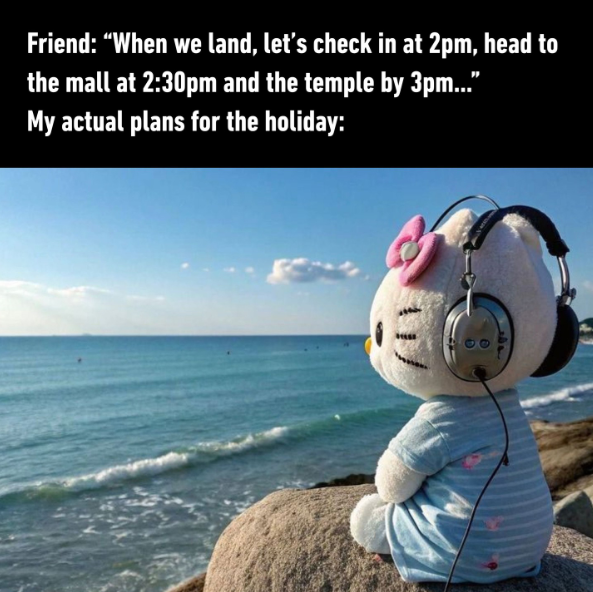 Friend: "When we land, let's check in at 2pm, head to the mall at 2:30pm and the temple by 3pm..." My actual plans for the holiday:
