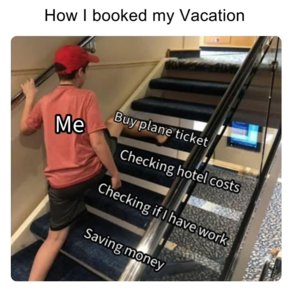 How I booked my Vacation Me Buy plane ticket Checking hotel costs Checking if I have work Saving money