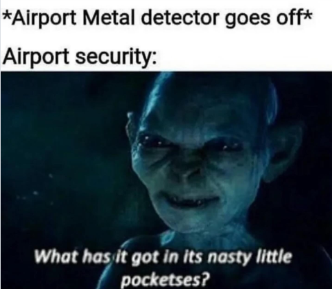 *Airport Metal detector goes off* Airport security: What has it got in its nasty little pocketses?
