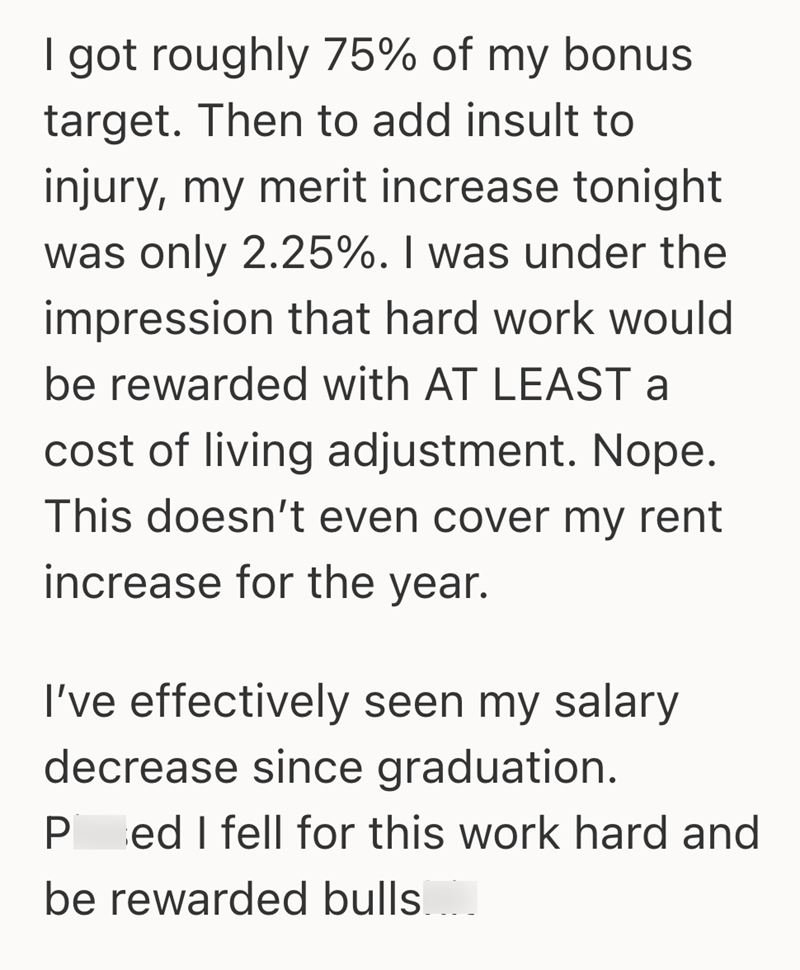 I got roughly 75% of my bonus target. Then to add insult to injury, my merit increase tonight was only 2.25%. I was under the impression that hard work would be rewarded with AT LEAST a cost of living adjustment. Nope. This doesn't even cover my rent increase for the year. I've effectively seen my salary decrease since graduation. P ed I fell for this work hard and be rewarded bulls....