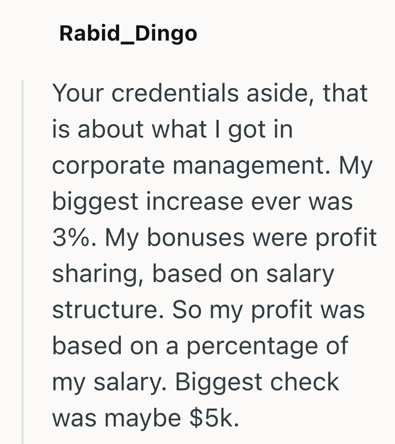 Rabid Dingo Your credentials aside, that is about what I got in corporate management. My biggest increase ever was 3%. My bonuses were profit sharing, based on salary structure. So my profit was based on a percentage of my salary. Biggest check was maybe $5k.