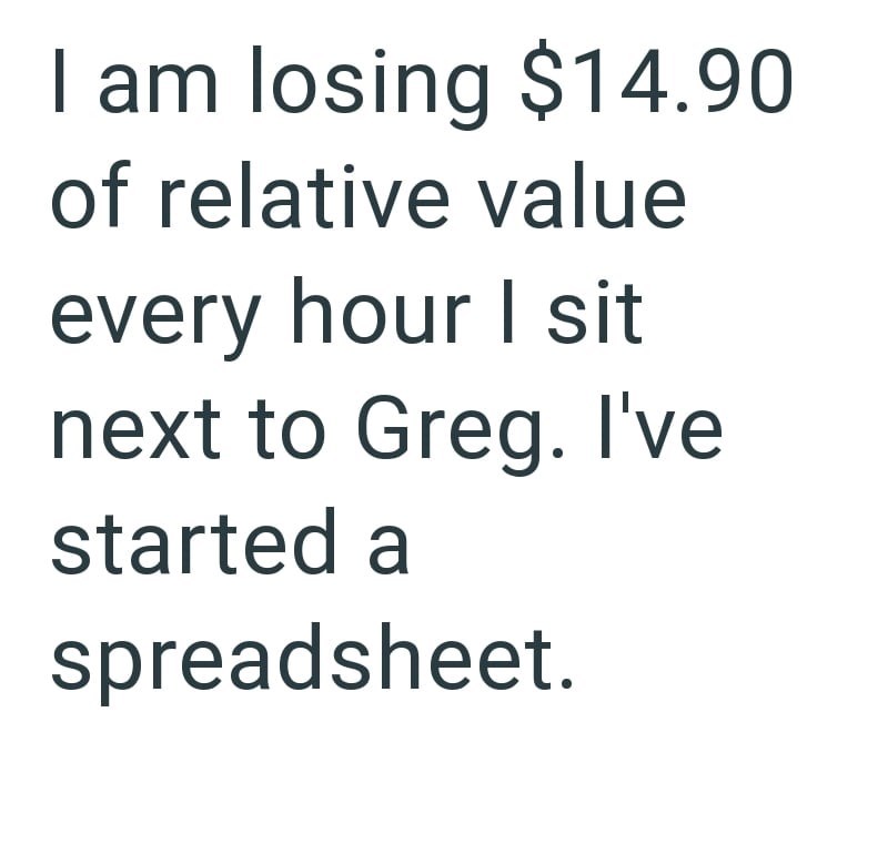 I am losing $14.90 of relative value every hour I sit next to Greg. I've started a spreadsheet.
