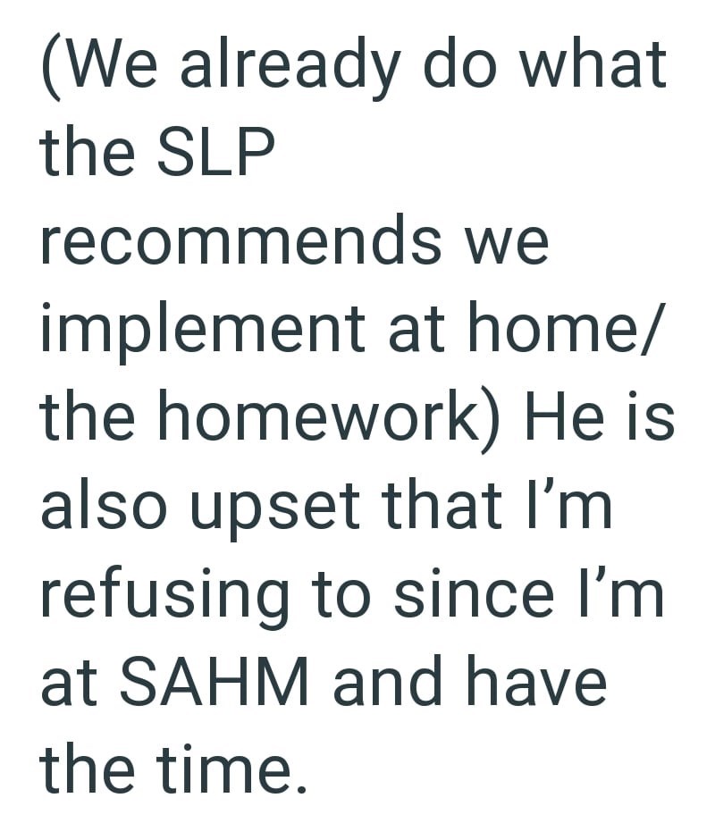 (We already do what the SLP recommends we implement at home/ the homework) He is also upset that I'm refusing to since I'm at SAHM and have the time.