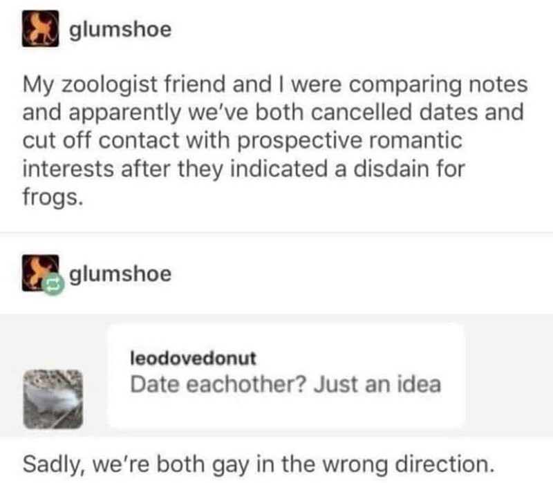 glumshoe My zoologist friend and I were comparing notes and apparently we've both cancelled dates and cut off contact with prospective romantic interests after they indicated a disdain for frogs. glumshoe leodovedonut Date eachother? Just an idea Sadly, we're both gay in the wrong direction.