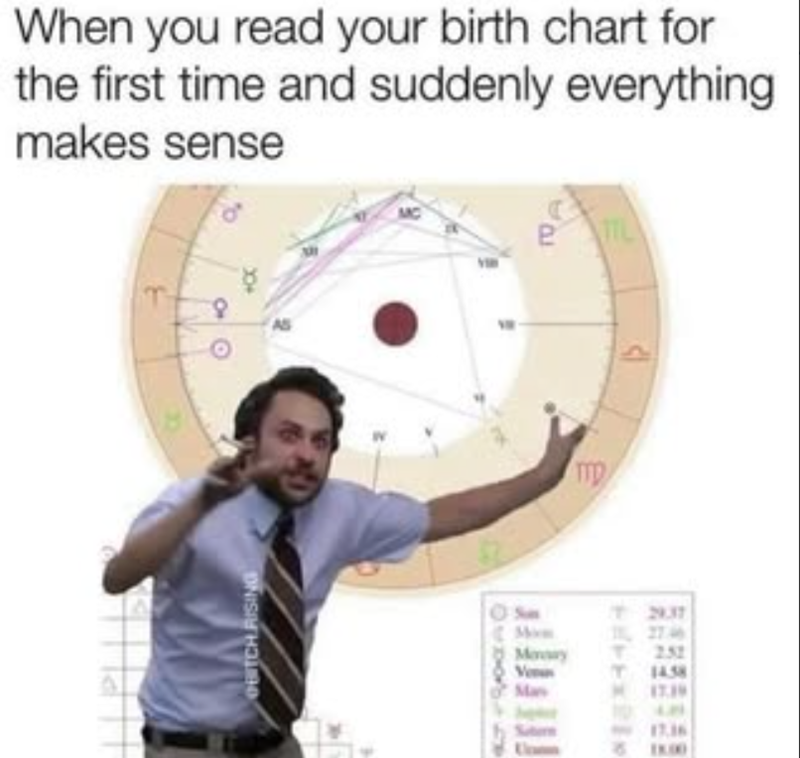 When you read your birth chart for the first time and suddenly everything makes sense OBITCH RISING AS Su (M 29.37 12746 Many Vi Mas ▼ 252 T 1438 17.39 TTL