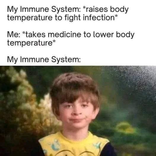 My Immune System: *raises body temperature to fight infection* Me: *takes medicine to lower body temperature* My Immune System: