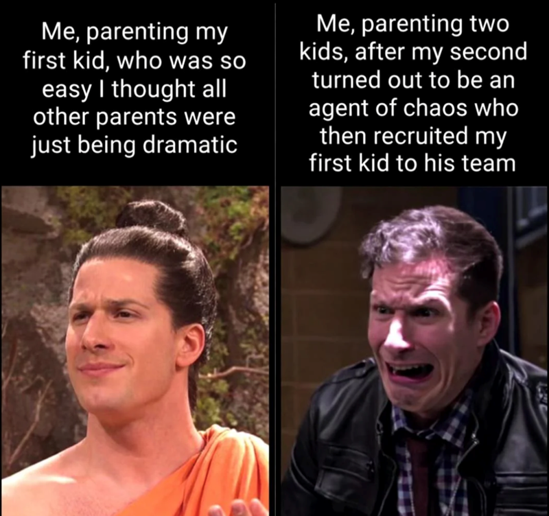 Me, parenting my first kid, who was so easy I thought all other parents were just being dramatic Me, parenting two kids, after my second turned out to be an agent of chaos who then recruited my first kid to his team