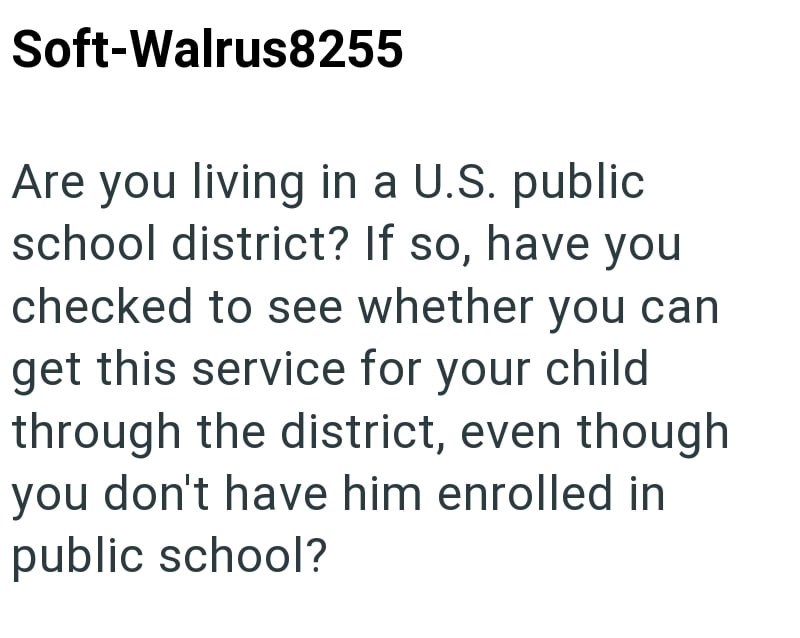 Soft-Walrus8255 Are you living in a U.S. public school district? If so, have you checked to see whether you can get this service for your child through the district, even though you don't have him enrolled in public school?