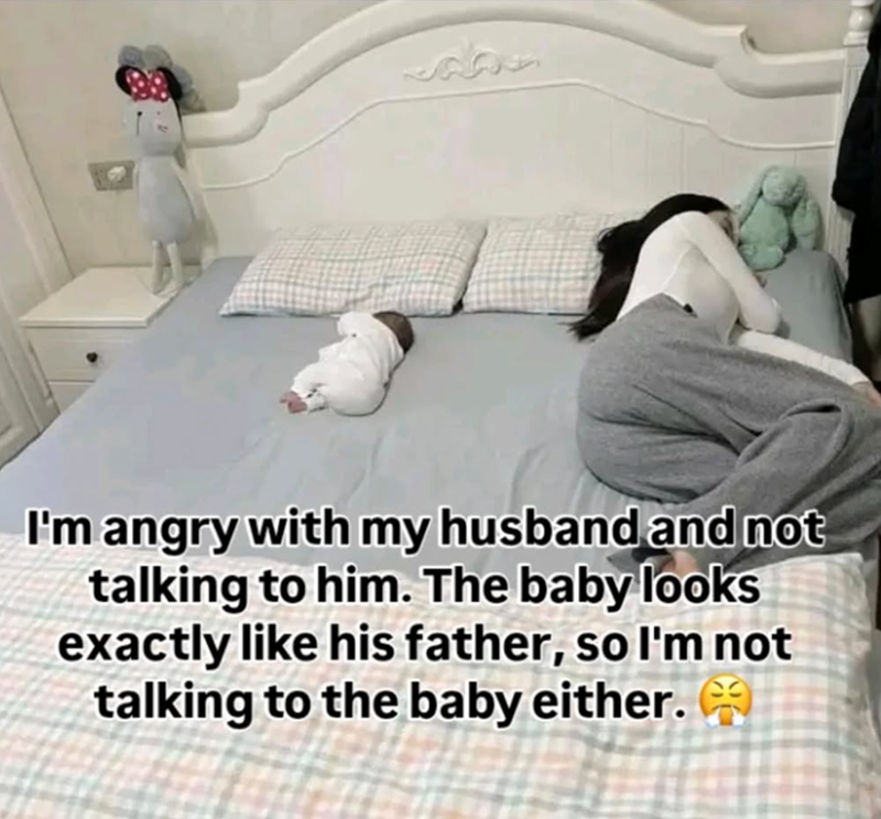 I'm angry with my husband and not talking to him. The baby looks exactly like his father, so I'm not talking to the baby either.