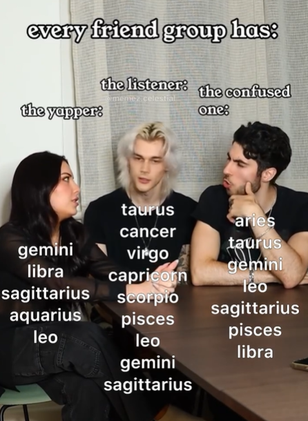 every friend group has: the listener: the confused memez.celestial the yapper: one: taurus aries cancer gemini taurus virgo libra gemini capricorn sagittarius scorpio leo aquarius sagittarius pisces leo pisces leo libra gemini sagittarius