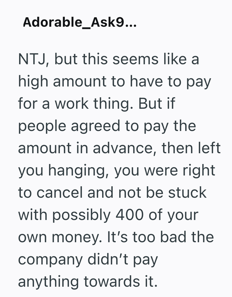 Adorable_Ask9... NTJ, but this seems like a high amount to have to pay for a work thing. But if people agreed to pay the amount in advance, then left you hanging, you were right to cancel and not be stuck with possibly 400 of your own money. It's too bad the company didn't pay anything towards it.