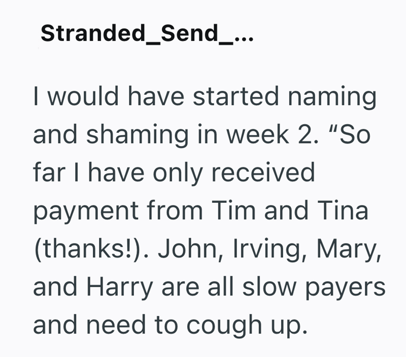 Stranded_Send_... I would have started naming and shaming in week 2. "So far I have only received payment from Tim and Tina (thanks!). John, Irving, Mary, and Harry are all slow payers and need to cough up.