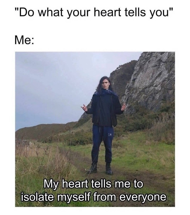 "Do what your heart tells you" Me: My heart tells me to isolate myself from everyone
