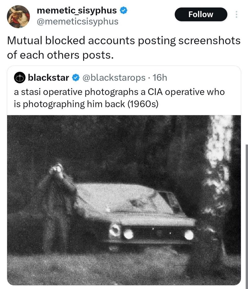 memetic_sisyphus ❤ @memeticsisyphus Follow Mutual blocked accounts posting screenshots of each others posts. blackstar @blackstarops • 16h . a stasi operative photographs a CIA operative who is photographing him back (1960s)