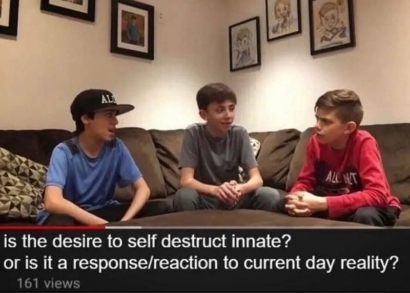 AL ALL WIT is the desire to self destruct innate? or is it a response/reaction to current day reality? 161 views