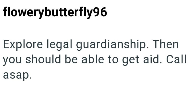 flowerybutterfly96 Explore legal guardianship. Then you should be able to get aid. Call asap.