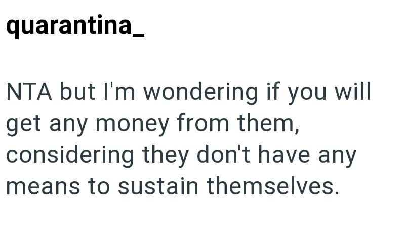 quarantina_ NTA but I'm wondering if you will get any money from them, considering they don't have any means to sustain themselves.