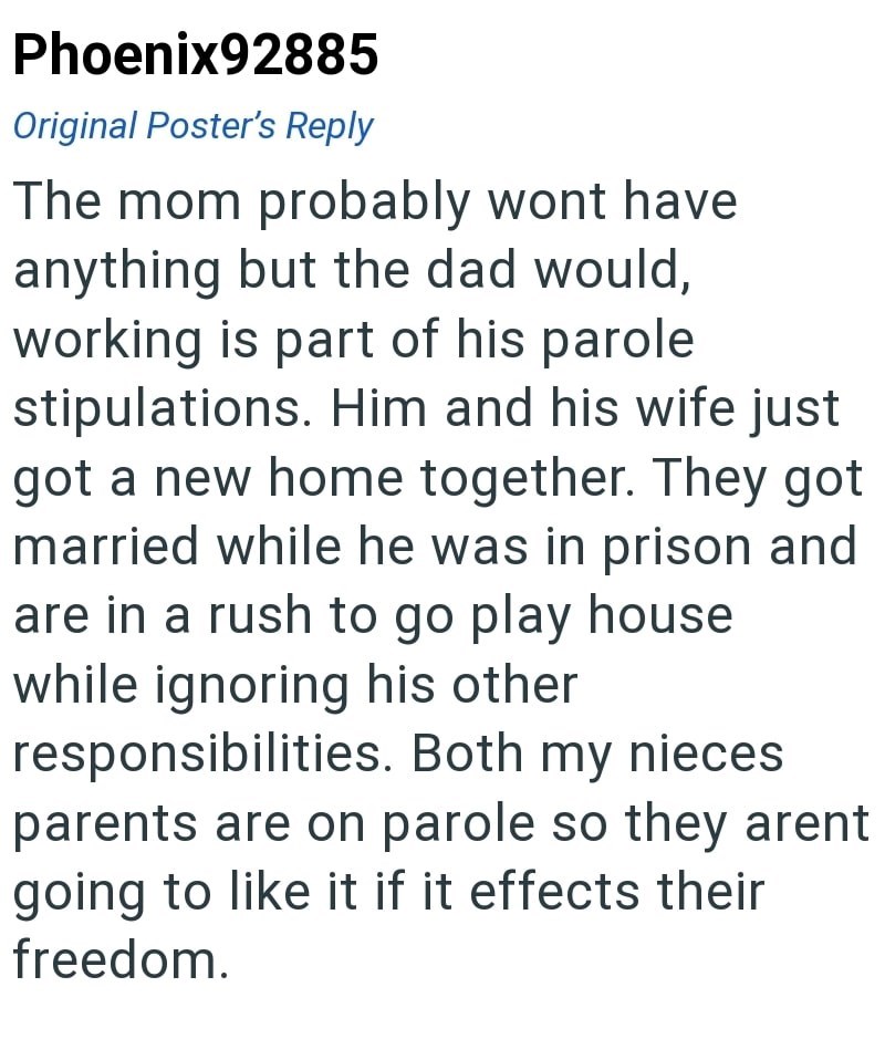 Phoenix92885 Original Poster's Reply The mom probably wont have anything but the dad would, working is part of his parole stipulations. Him and his wife just got a new home together. They got married while he was in prison and are in a rush to go play house while ignoring his other responsibilities. Both my nieces parents are on parole so they arent going to like it if it effects their freedom.