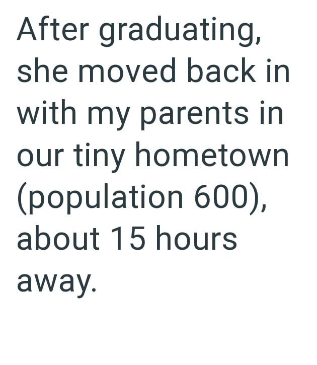 After graduating, she moved back in with my parents in our tiny hometown (population 600), about 15 hours away.
