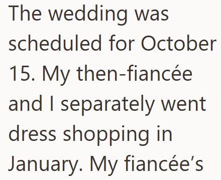 The wedding was scheduled for October 15. My then-fiancée and I separately went dress shopping in January. My fiancée's