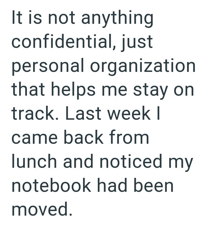 It is not anything confidential, just personal organization that helps me stay on track. Last week I came back from lunch and noticed my notebook had been moved.