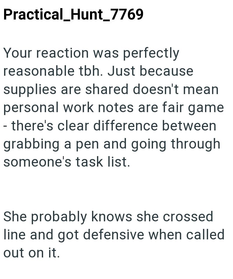 Practical_Hunt_7769 Your reaction was perfectly reasonable tbh. Just because supplies are shared doesn't mean personal work notes are fair game there's clear difference between grabbing a pen and going through someone's task list. She probably knows she crossed line and got defensive when called out on it.