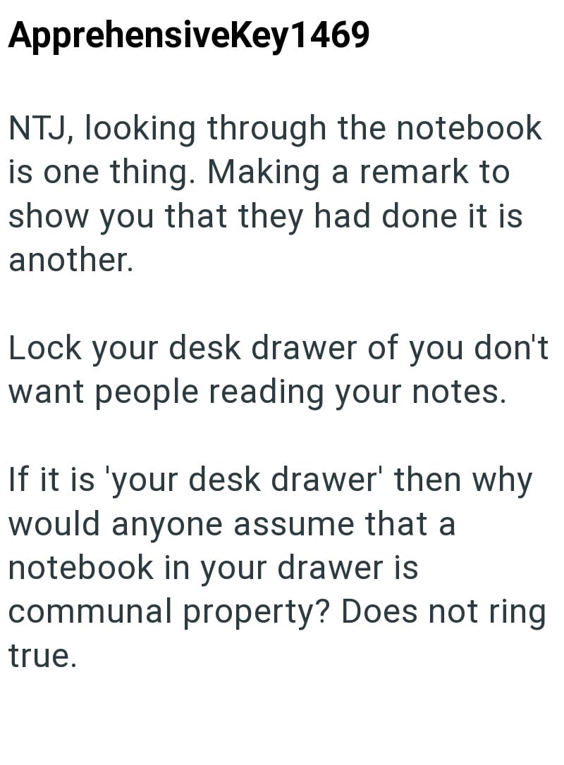 ApprehensiveKey1469 NTJ, looking through the notebook is one thing. Making a remark to show you that they had done it is another. Lock your desk drawer of you don't want people reading your notes. If it is 'your desk drawer' then why would anyone assume that a notebook in your drawer is communal property? Does not ring true.