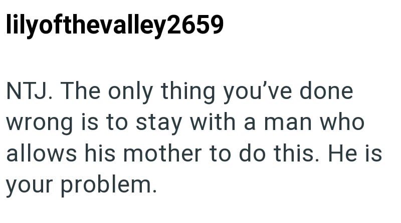 lilyofthevalley2659 NTJ. The only thing you've done wrong is to stay with a man who allows his mother to do this. He is your problem.