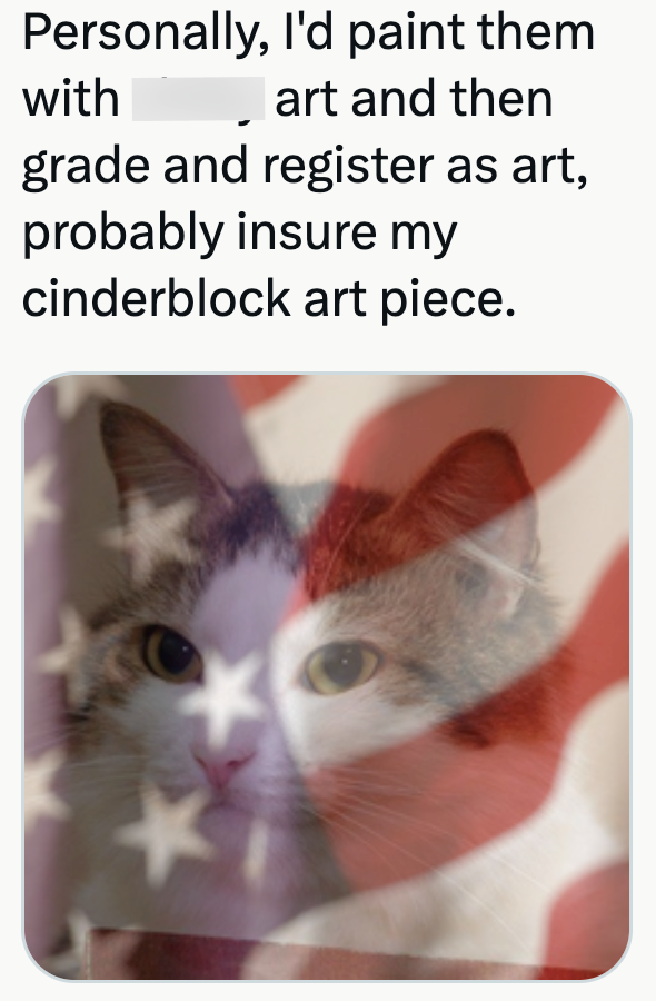 Personally, I'd paint them with art and then grade and register as art, probably insure my cinderblock art piece.