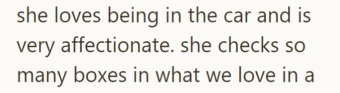she loves being in the car and is very affectionate. she checks so many boxes in what we love in a