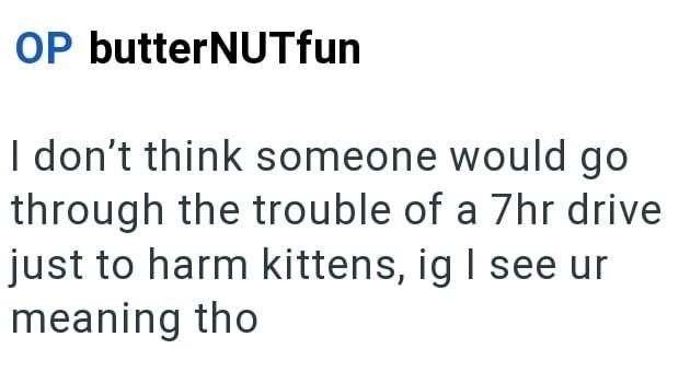 OP butterNUTfun I don't think someone would go through the trouble of a 7hr drive just to harm kittens, ig I see ur meaning tho