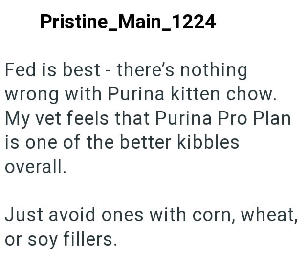 Pristine_Main_1224 Fed is best there's nothing wrong with Purina kitten chow. My vet feels that Purina Pro Plan is one of the better kibbles overall. Just avoid ones with corn, wheat, or soy fillers.