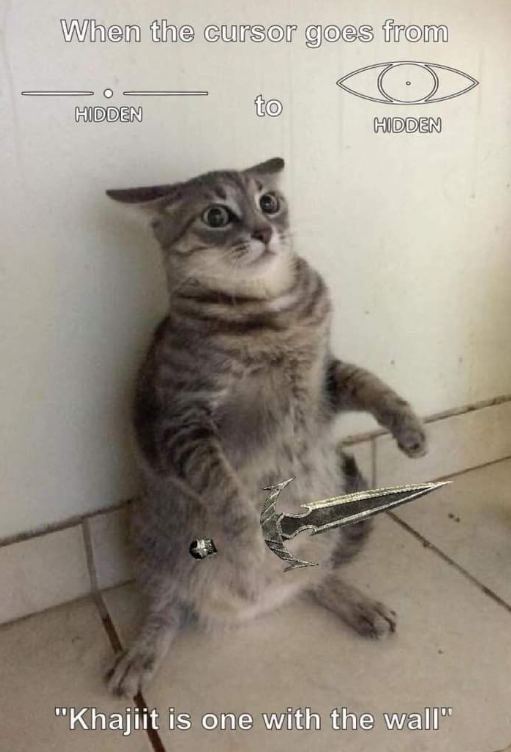When the cursor goes from HIDDEN to HIDDEN "Khajiit is one with the wall"