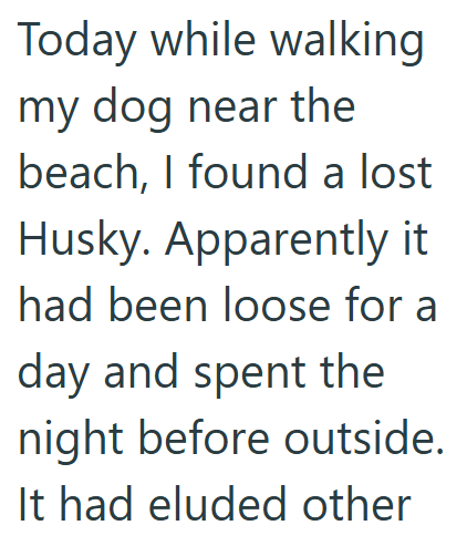 Today while walking my dog near the beach, I found a lost Husky. Apparently it had been loose for a day and spent the night before outside. It had eluded other