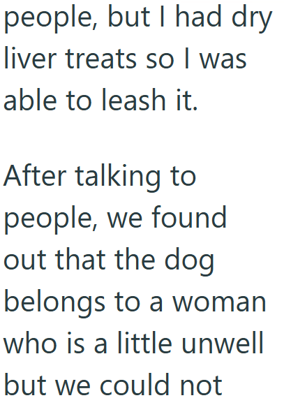 people, but I had dry liver treats so I was able to leash it. After talking to people, we found out that the dog belongs to a woman who is a little unwell but we could not