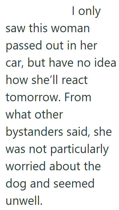 I only saw this woman passed out in her car, but have no idea how she'll react tomorrow. From what other bystanders said, she was not particularly worried about the dog and seemed unwell.
