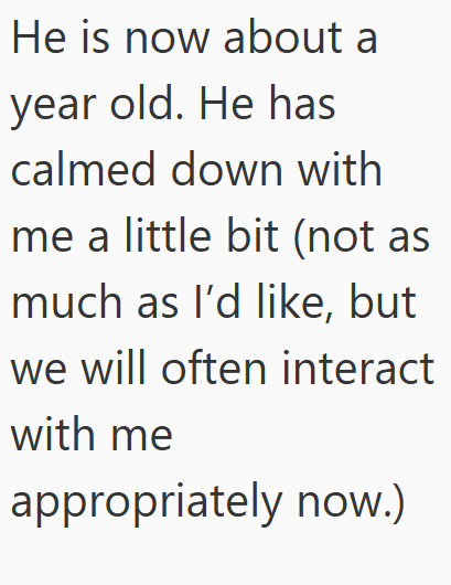 He is now about a year old. He has calmed down with me a little bit (not as much as I'd like, but we will often interact with me appropriately now.)