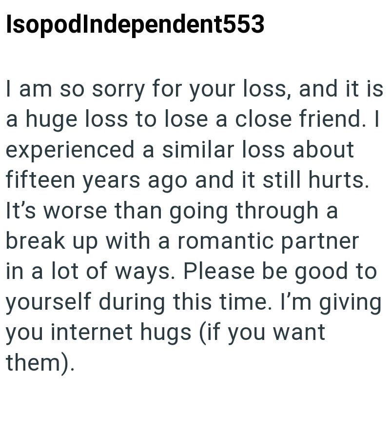 Isopod Independent553 I am so sorry for your loss, and it is a huge loss to lose a close friend. I experienced a similar loss about fifteen years ago and it still hurts. It's worse than going through a break up with a romantic partner in a lot of ways. Please be good to yourself during this time. I'm giving you internet hugs (if you want. them).