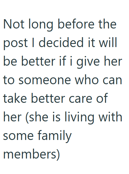 Not long before the post I decided it will be better if i give her to someone who can take better care of her (she is living with some family members)