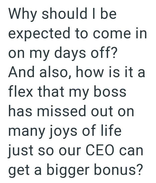 Why should I be expected to come in on my days off? And also, how is it a flex that my boss has missed out on many joys of life just so our CEO can get a bigger bonus?