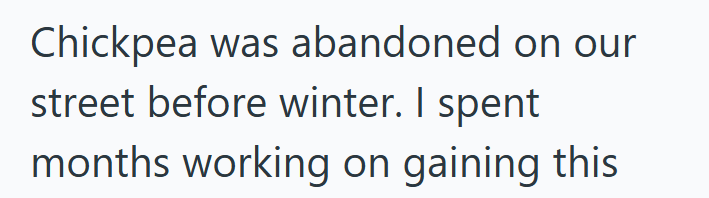 Chickpea was abandoned on our street before winter. I spent months working on gaining this