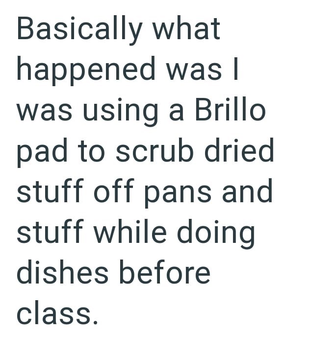Basically what happened was I was using a Brillo pad to scrub dried stuff off pans and stuff while doing dishes before class.