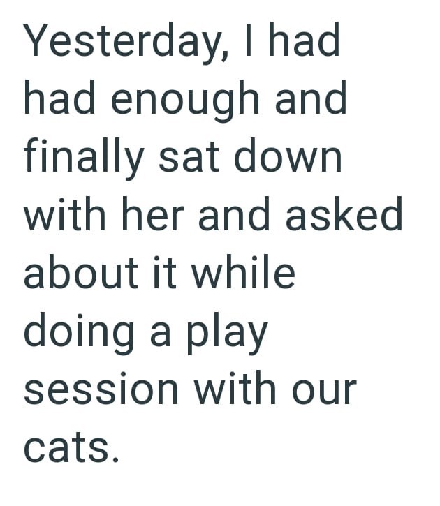 Yesterday, I had had enough and finally sat down with her and asked about it while doing a play session with our cats.