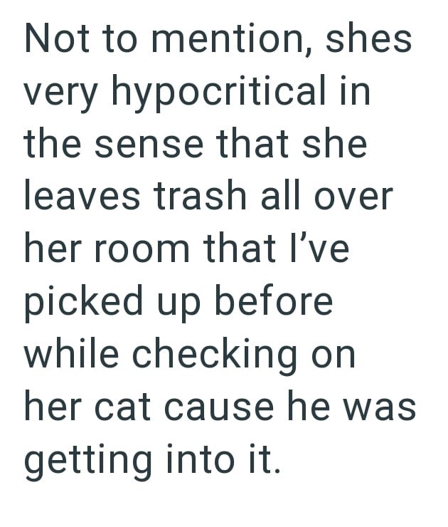 Not to mention, shes very hypocritical in the sense that she leaves trash all over her room that I've picked up before while checking on her cat cause he was getting into it.