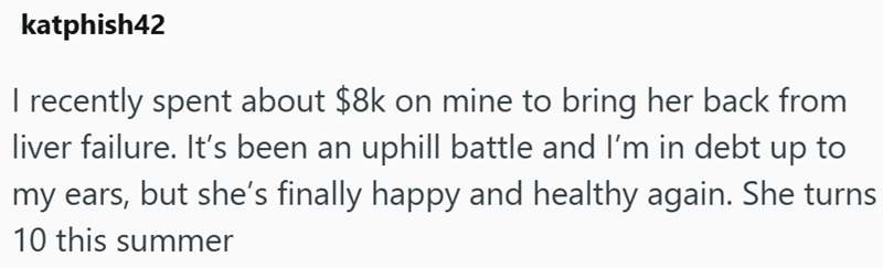 katphish42 I recently spent about $8k on mine to bring her back from liver failure. It's been an uphill battle and I'm in debt up to my ears, but she's finally happy and healthy again. She turns 10 this summer