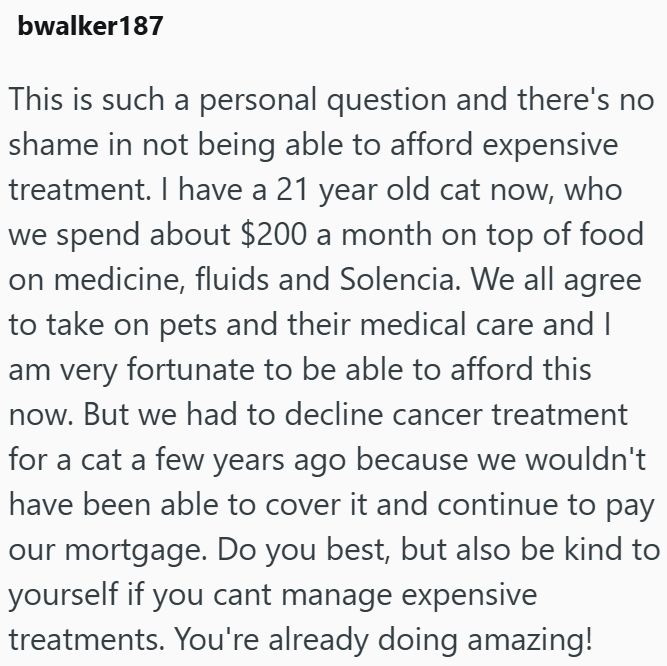 bwalker 187 This is such a personal question and there's no shame in not being able to afford expensive treatment. I have a 21 year old cat now, who we spend about $200 a month on top of food on medicine, fluids and Solencia. We all agree to take on pets and their medical care and I am very fortunate to be able to afford this now. But we had to decline cancer treatment for a cat a few years ago because we wouldn't have been able to cover it and continue to pay our mortgage. Do you best, but also
