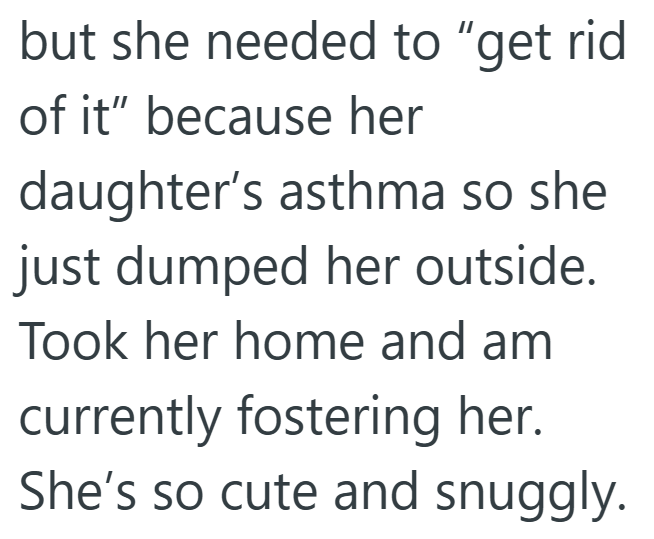 but she needed to "get rid of it" because her daughter's asthma so she just dumped her outside. Took her home and am currently fostering her. She's so cute and snuggly.