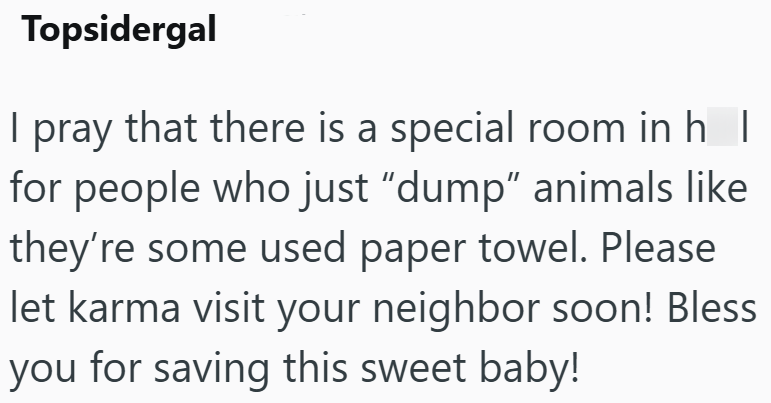 Topsidergal I pray that there is a special room in h | for people who just "dump" animals like they're some used paper towel. Please let karma visit your neighbor soon! Bless you for saving this sweet baby!